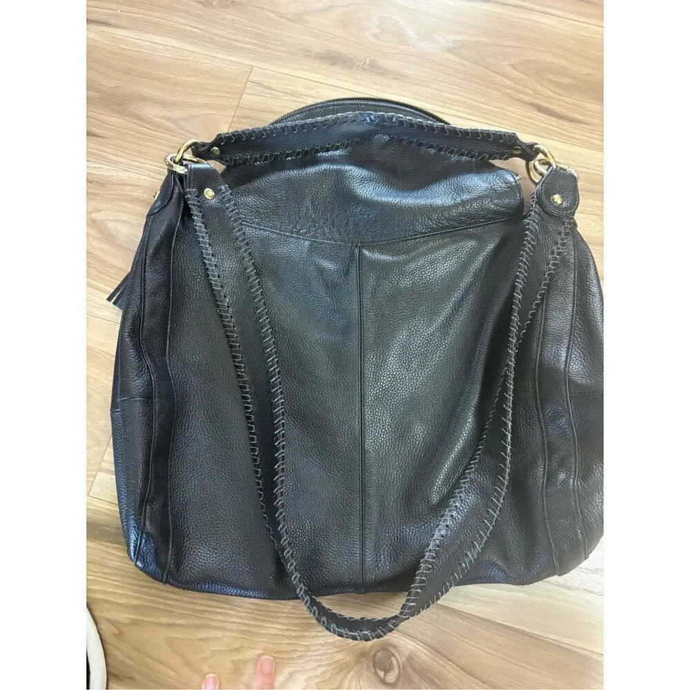 Black Leather‎ Hobo Shoulder Bag with Tassel, Braided Strap Detail